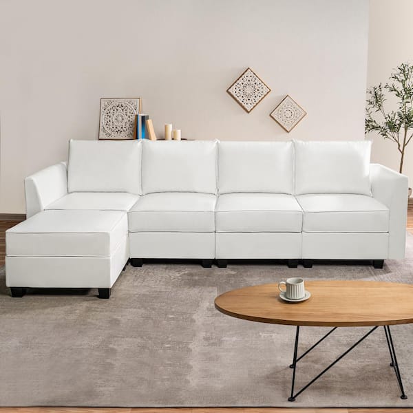 HOMESTOCK 56.1 in. Faux Leather Modern 4-Seater Upholstered Sectional Sofa Bed with Ottoman in. Bright White