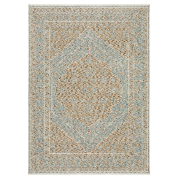 Eclipse Beige/Blue Doormat 3 ft. x 5 ft. Center Oriental Medallion Polyester Fringe-Edge Indoor Area Rug