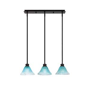 Albany 60-Watt 3-Light Espresso Linear Pendant Light with Teal Crystal Glass Shades and No Bulbs Included
