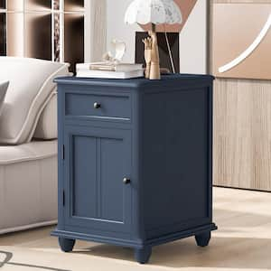 18 in. Antique Navy Rectangle MDF End Table Side Table with Solid Wood Legs, USB Ports, Drawer, Cabinet