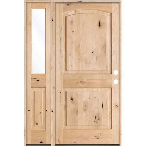 Krosswood Doors 44 in. x 80 in. Rustic Unfinished Knotty Alder Arch-Top Left-Hand Left Half Sidelite Clear Glass Prehung Front Door
