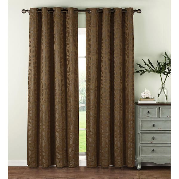 Window Elements Semi-Opaque Alpine Textured Woven Leaf Jacquard 84 in. L Grommet Curtain Panel Pair, Mocha (Set of 2)