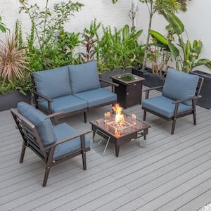 Walbrooke Brown 5-Piece Aluminum Square Patio Fire Pit Set with Navy Blue Cushions and Tank Holder