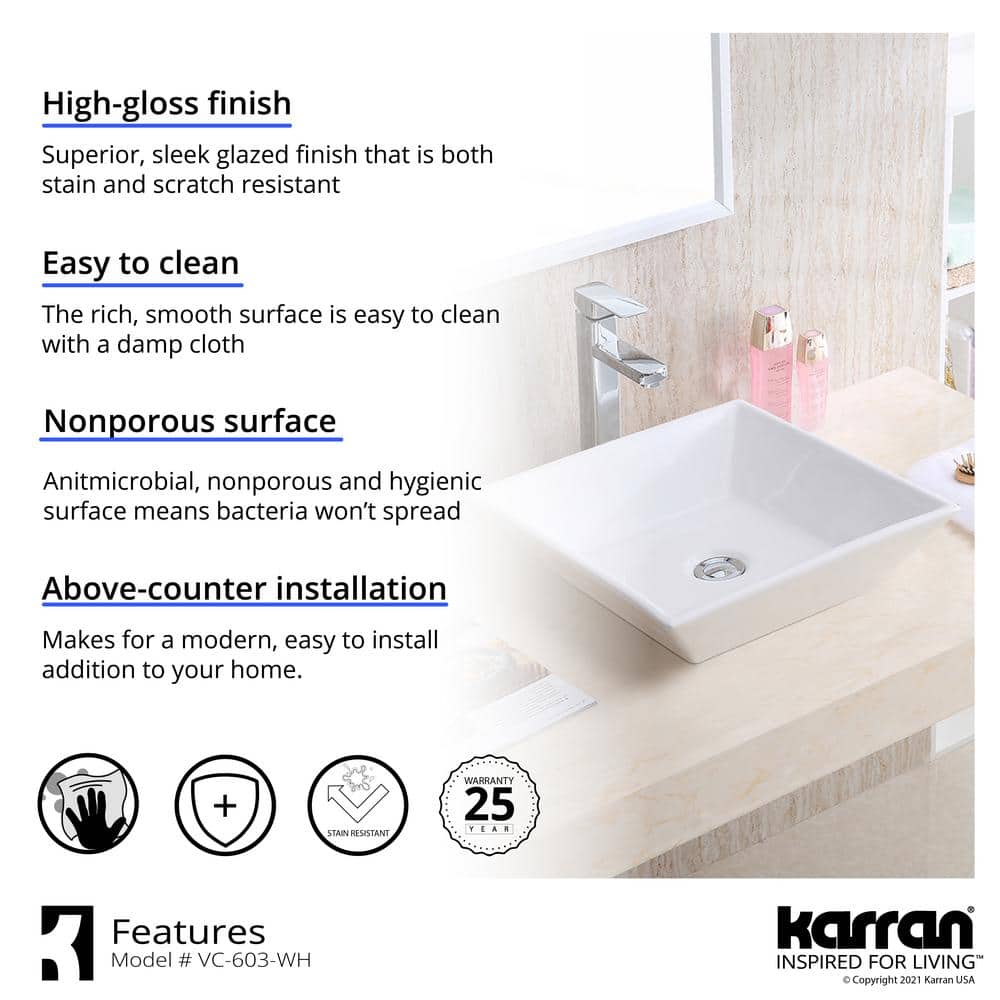 Valera 16" White Ceramic Square Vessel Sink