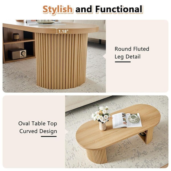 ATHMILE 47.24 in. Natural Oval MDF Coffee Table with 2 Storage
