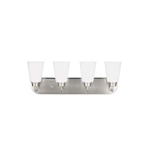 Kerrville 24 in. 4-Light Brushed Nickel Traditional Transitional Bathroom Vanity Light with Satin Etched Glass Shades