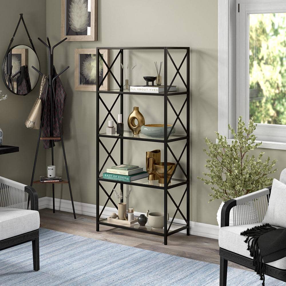 Modern Blackened Bronze 66" High Geometric 4-Tier Bookcase