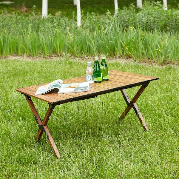 Unbranded Brown Metal 37 in. Aluminum Folding Kitchen Island, Rectangular Roll-up Outdoor Table for Camping