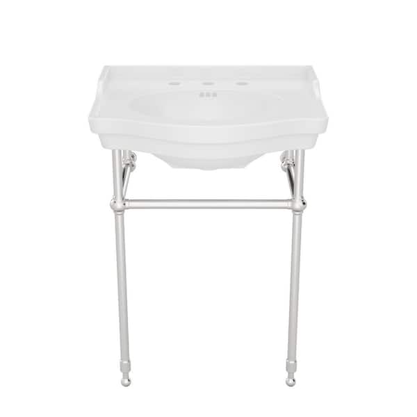 Prism 24.6 in. L x 19 in. W Console Sink Basin in White Vitreous China Brushed Nickel with 8 in. Faucet Drilling