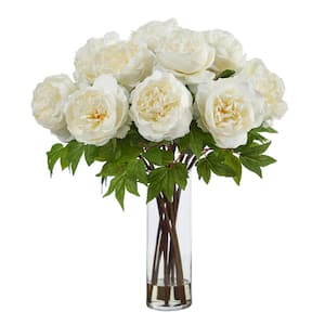 22 in. White Artificial Peony Floral Arrangement with Cylinder Glass Vase