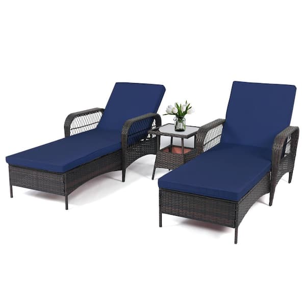 LeveLeve 2-Wicker Outdoor Rattan Chaise Lounge with 6 Positions Adjustable Backrest Armrests Padded Dark Blue Table Cushions