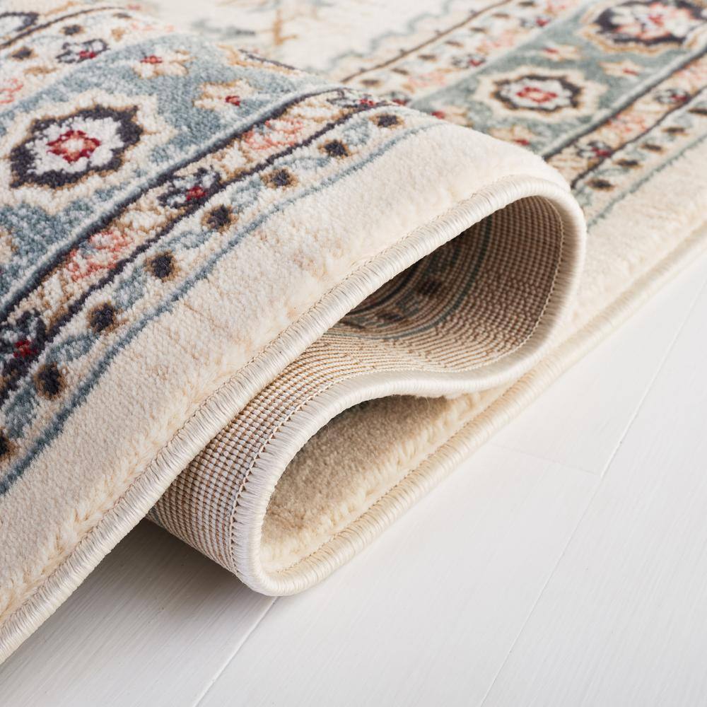 Cream and Beige 7' Square Traditional Floral Area Rug