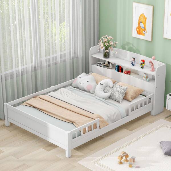 White Wood Frame Full Platform Bed with LED Light, Storage Headboard and Guardrail