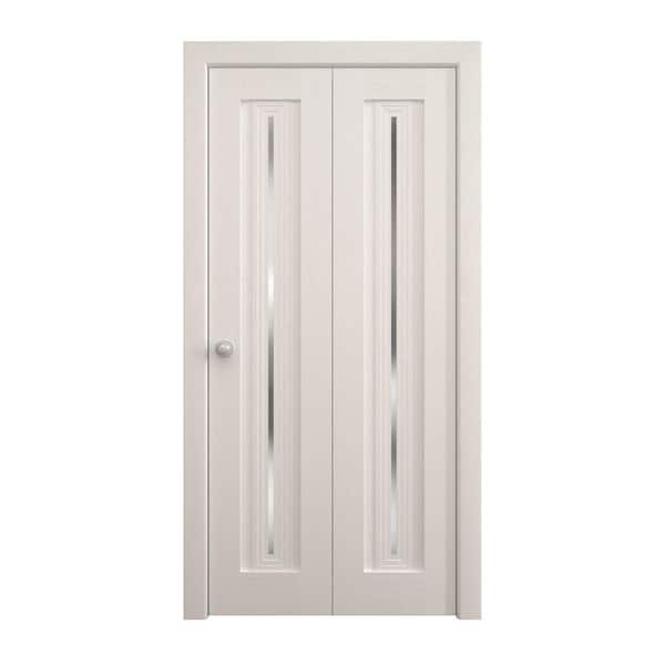 64 in. x 80 in. Frosted Glass Painted White Oak Solid Wood Bi-Fold Doors with Hardware