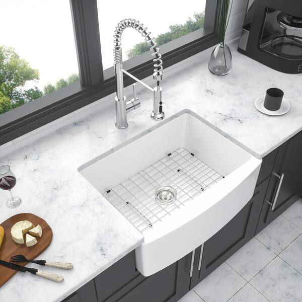 White Ceramic 24 in. Single Bowl Farmhouse Apron Kitchen Sink Apron-Front Fireclay Porcelain Ceramic Small Farm Sink