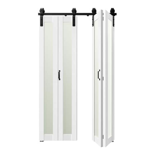 48 in. x 84 in. (24 in. W x 2) White, Tempered Frosted Glass, MDF, Bi-Fold, Full Lite Sliding Barn Door w/ Hardware Kit