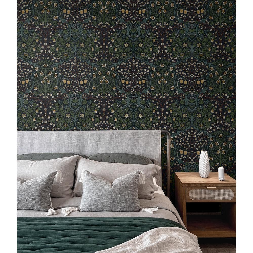 Midnight Blue and Evergreen Damask Floral Peel and Stick Wallpaper