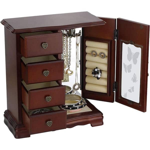 Wooden Jewelry Box with 4-Drawers Built-in Necklace Carousel and