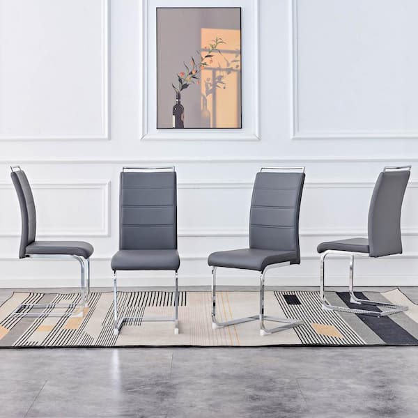 Polibi Gray Modern PU Faux Leather High Back Upholstered Side Chair Transverse Stripe Backrest Design Dining Chairs Set of 4