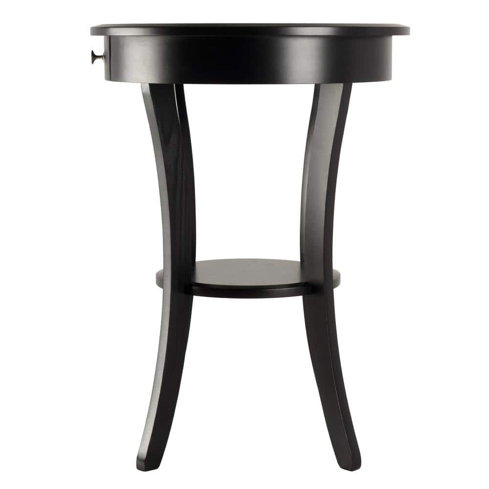 Transitional Sasha 20" Round Black Wood & Stone Table with Storage