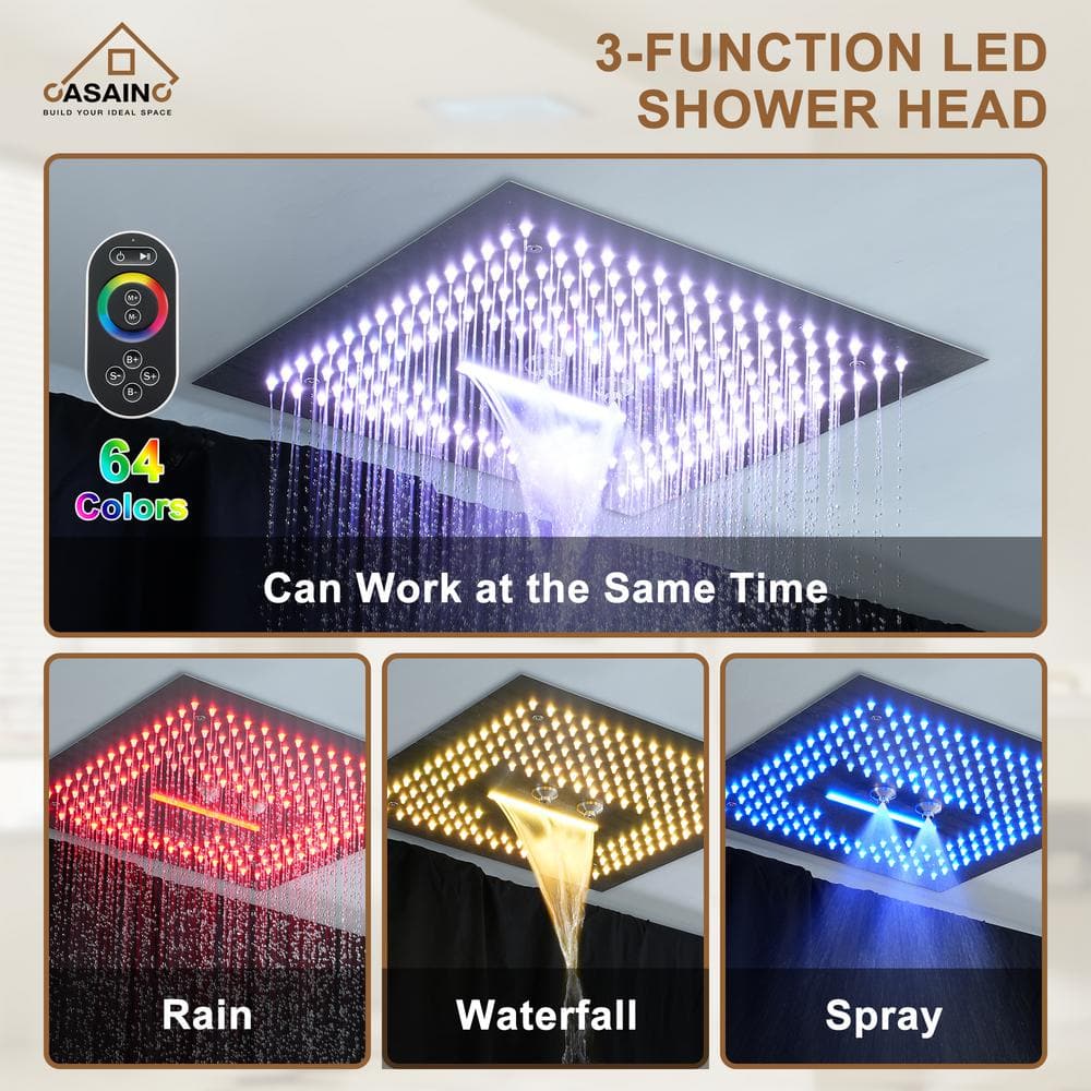Brushed Nickel Dual Head LED Ceiling Mounted Rain Shower System