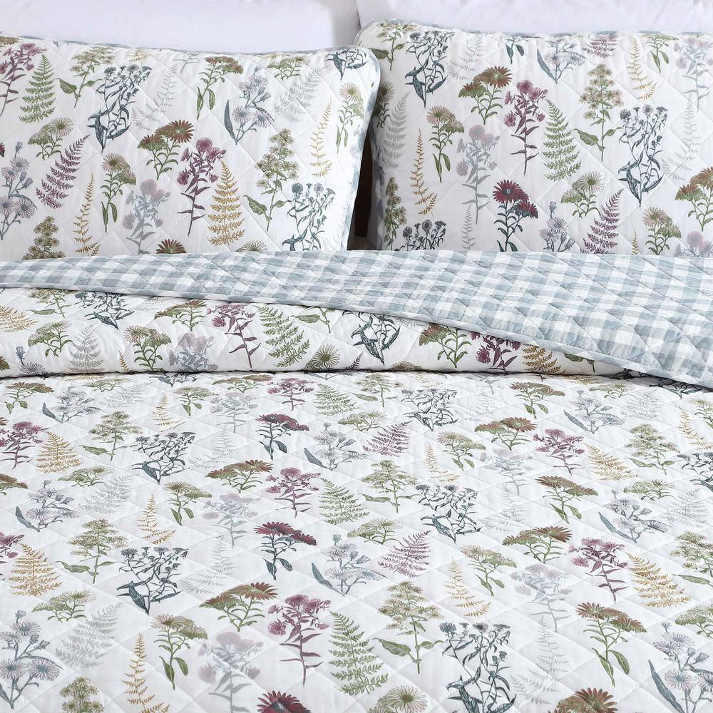 King White Cotton Reversible Quilt Set with Floral Print