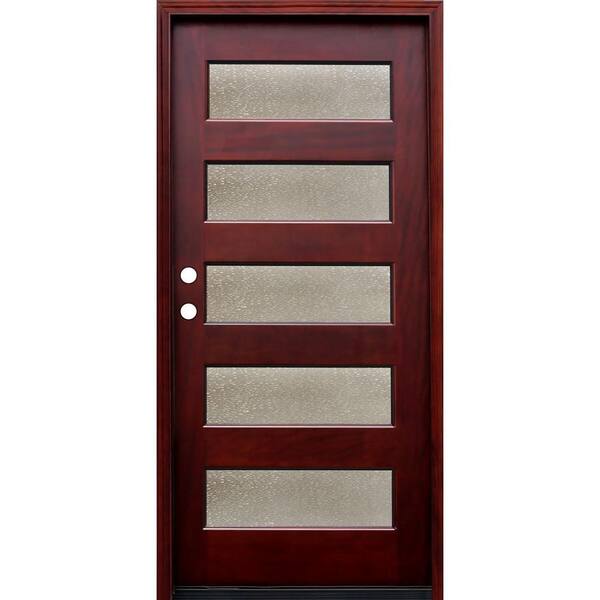 Pacific Entries 36 in. x 80 in. Contemporary 5 Lite Seedy Stained Mahogany Wood Prehung Front Door with 6 Wall Series