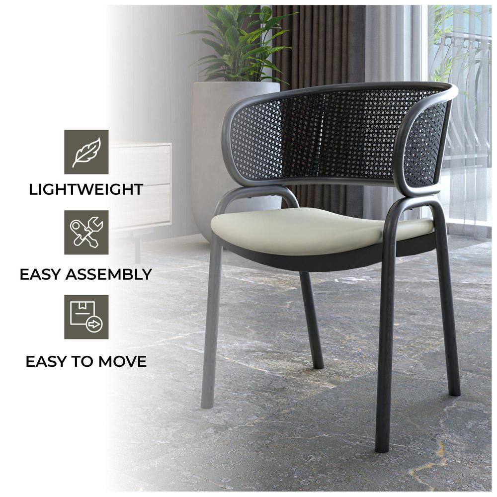 Modern Black Metal and Cane Arm Chair with Beige Upholstered Seat