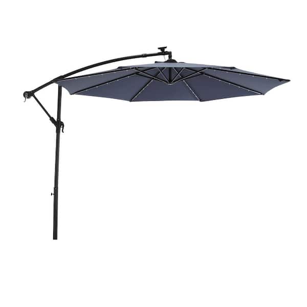 Sudzendf 10 ft. Solar LED Offset Hanging Market Patio Umbrella in Navy Blue