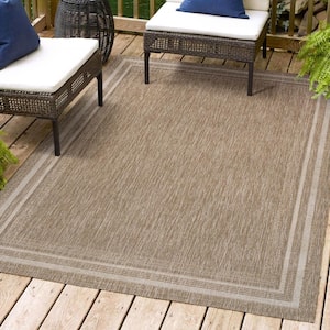 Lido Traditional Casual Pinstripe Border Beige/Cream 8 ft. x 10 ft. Indoor/Outdoor Area Rug