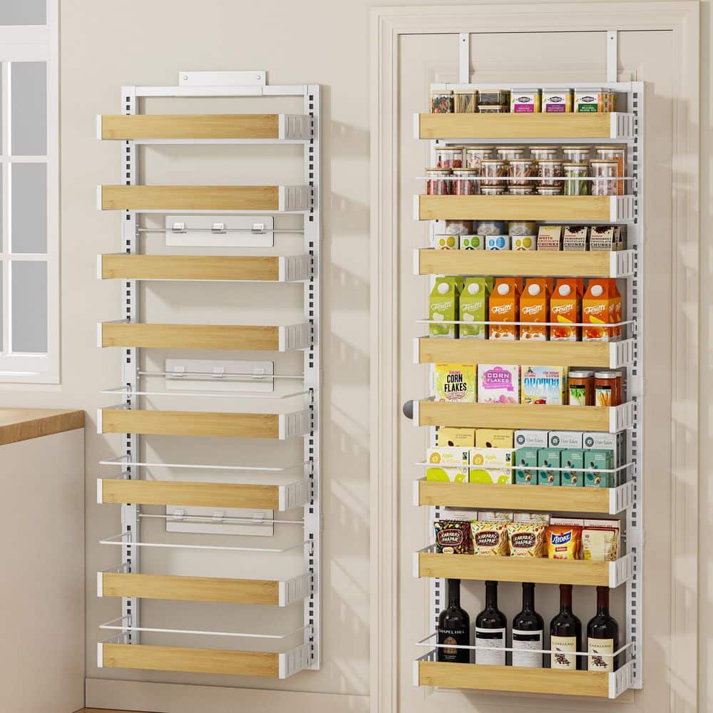 Adjustable 8-Shelf Rust Resistant Tiered Organizer with Mounting Hooks, Seasoning Shelves with Adjustable Basket, White
