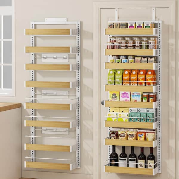 Adjustable 8-Shelf Rust Resistant Tiered Organizer with Mounting Hooks, Seasoning Shelves with Adjustable Basket, White