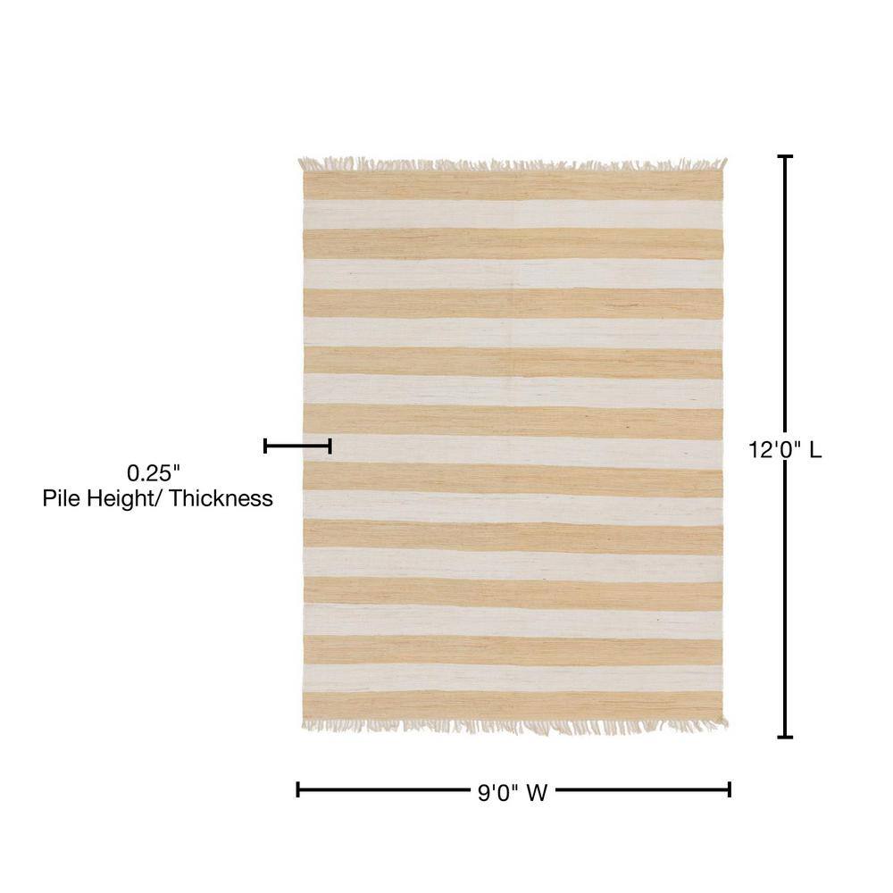 Handwoven Beige Stripe Braided Chindi Rag Rug 9' x 12'