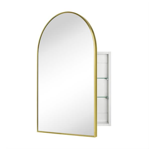 TEHOME 18-in x 27-in Surface/Recessed Mount Brushed Gold Mirrored Arched Soft Close Medicine Cabinet