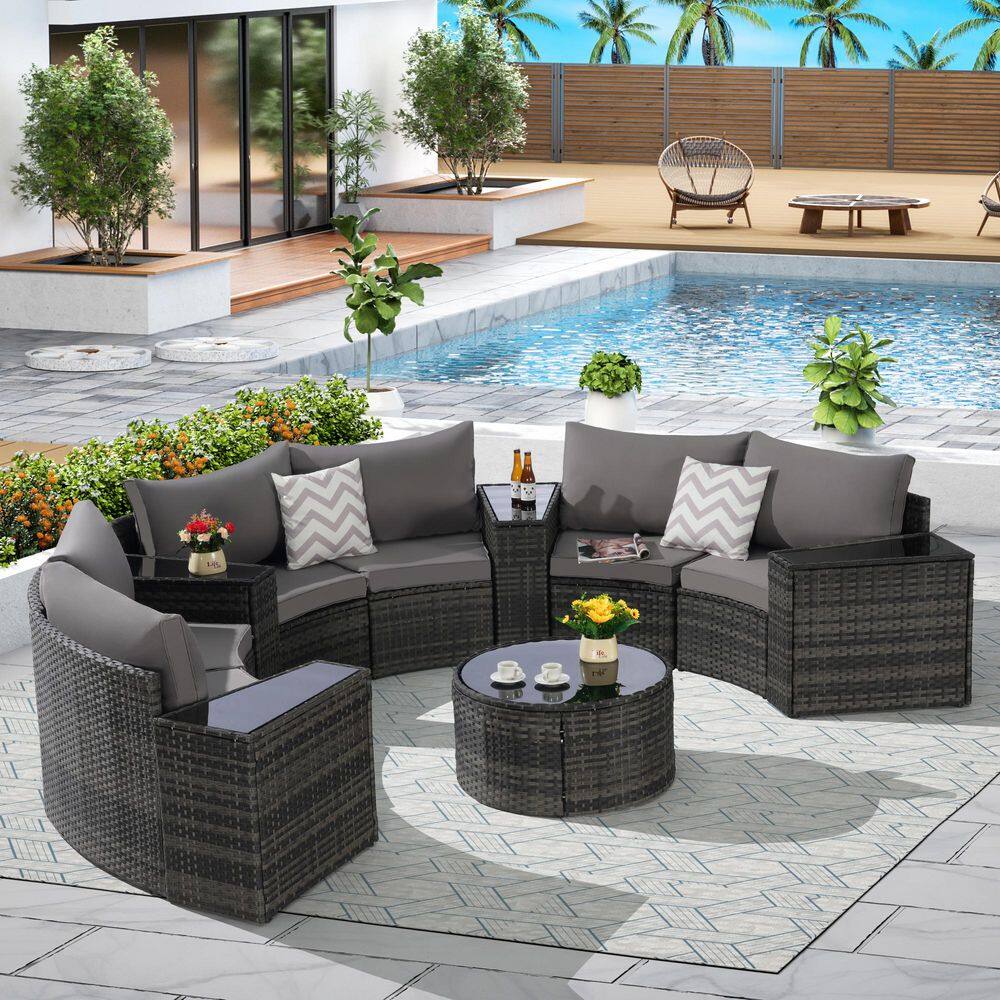 11-Piece Wicker Half-Moon Sectional Round Patio Conversation Set with Dark 