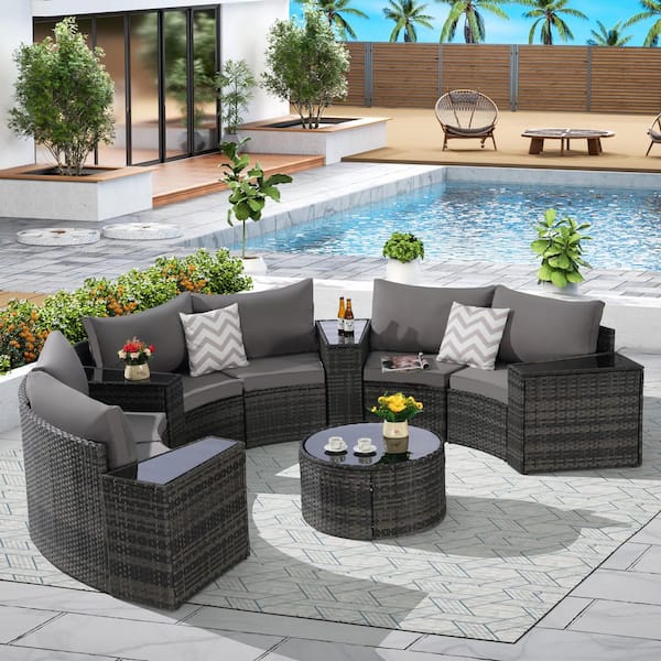 Unbranded 11-Piece Wicker Half-Moon Sectional Round Patio Conversation Set with Dark Gray Cushions, Tempered Glass Coffee Table