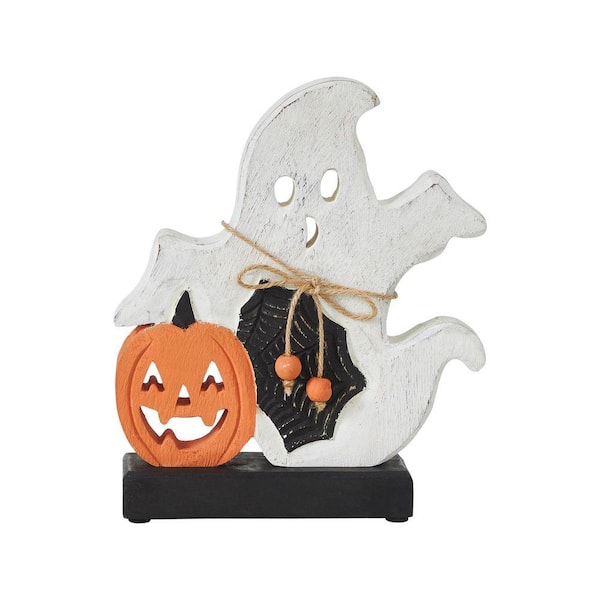 9.25 in. Jack-O-Lantern Ghost Spooky Wooden Halloween Table Decor