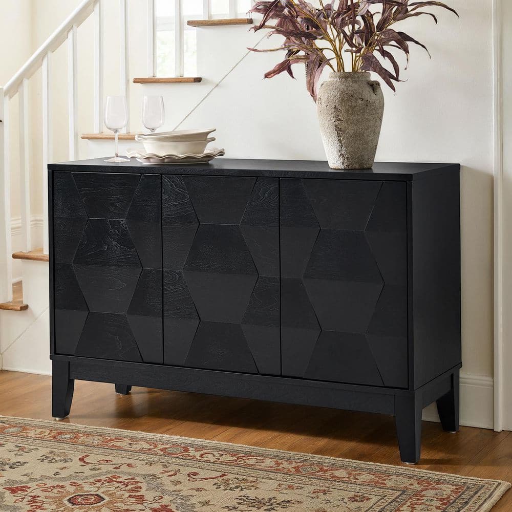 Germaine Black Wood Modern 45 in. W 3-Door Buffet with Adjustable Shelves