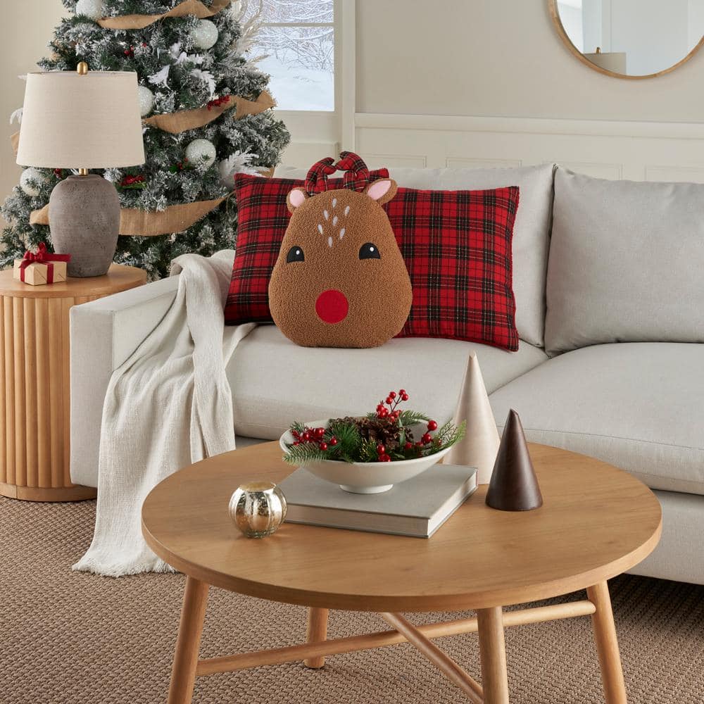 Holiday Plaid Red and Brown Faux Shearling Reindeer Pillow Set