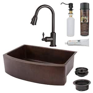All-in-One Copper 30 in. Single Bowl Rounded Kitchen Farmhouse Apron Front Sink with Faucet in ORB