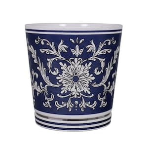 8.75 in. L x 8.75 in. W x 9 in. H Navy and White Chinoiserie Pattern Melamine Pot with In-Line Saucer