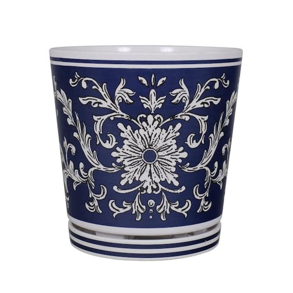 MPG 8.75 in. L x 8.75 in. W x 9 in. H Navy and White Chinoiserie Pattern Melamine Pot with In-Line Saucer