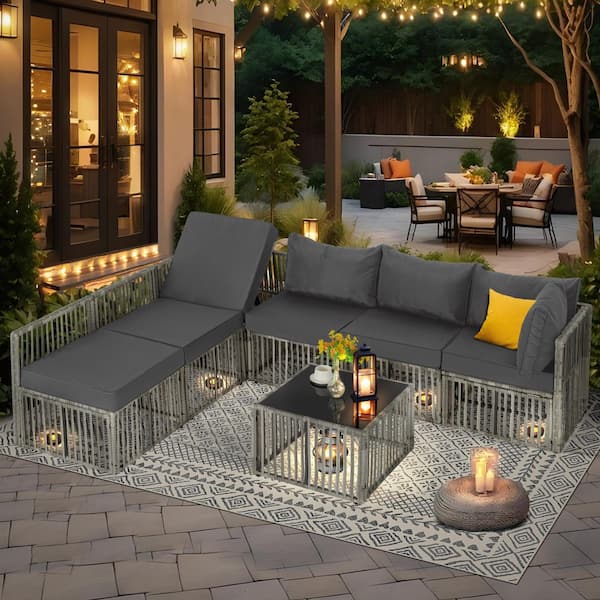 JUSKYS Long Outdoor Gray 7-Piece Wicker/Rattan Sectional Seating Group with Gray Cushions