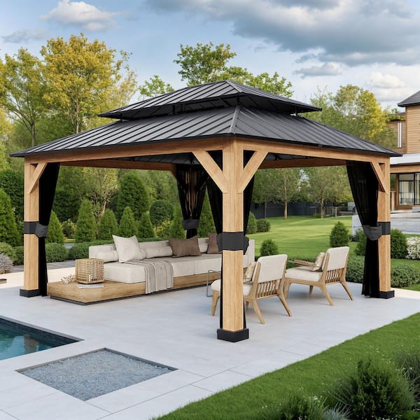 13 ft. x 11 ft. Outdoor Cedar Wood Hardtop Gazebo, Double Galvanized Steel Roof and Mosquito Netting