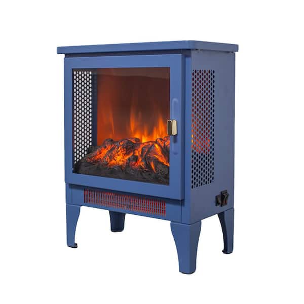 14 in. W x 18 in. H Freestanding Electric Fireplace Heater in Blue with 3D Flame and Panoramic 3-Sided View