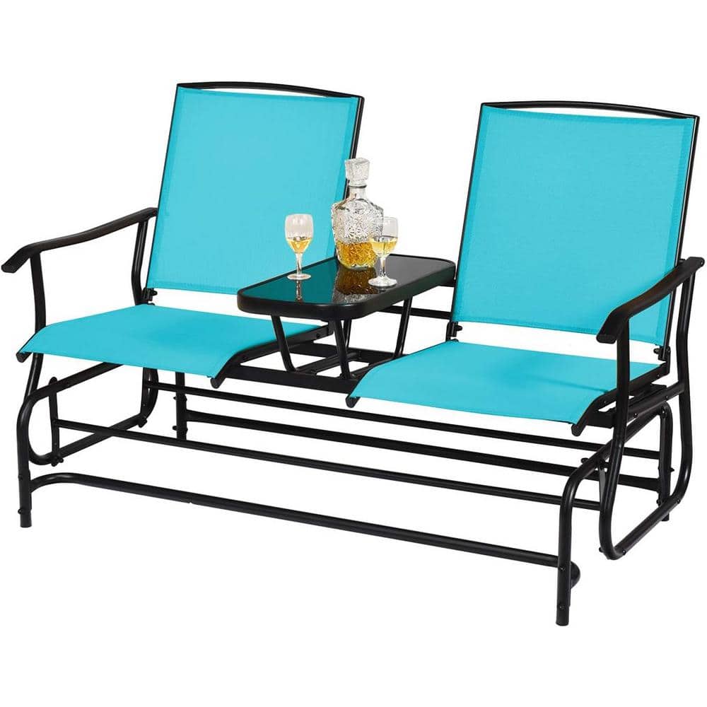 54 in. Turquoise Metal Frame Outdoor Glider with Center Tempered Glass Tabl