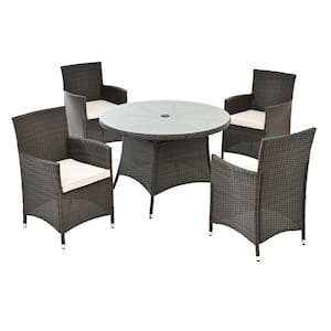 5-Piece Brown Wicker Outdoor Dining Set with Beige Cushions, Dining Table and Chairs, Round Tempered Glass Tabletop