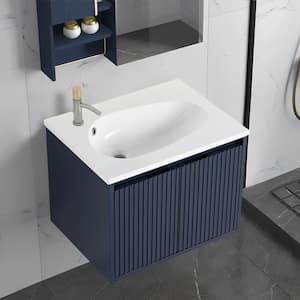 24 in. W x 18 in. D x 18.5 in. H Floating Bath Vanity in Navy Blue with White Resin Top Drop-Shaped Sink
