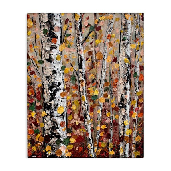 Stupell Industries Autumn Birch Trees Abstract Leaves by Jen Seeley 1-Piece Wrapped Unframed Nature Graphic Art Print 20 in. x 16 in.