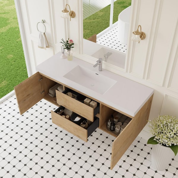 59.06 in. W x 19.69 in. D x 22.44 in. H Wall Hung Bath Vanity in Natural Oak with Resin Single Basin Vanity Top in White